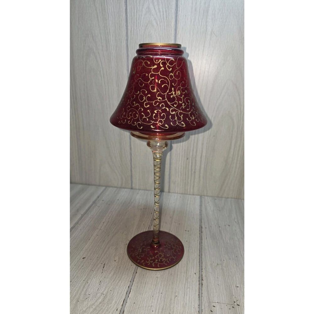 Vtg Ruby Red Gold Romanian Tall Tea Light Mouth Blown Hand Decorated Victorian